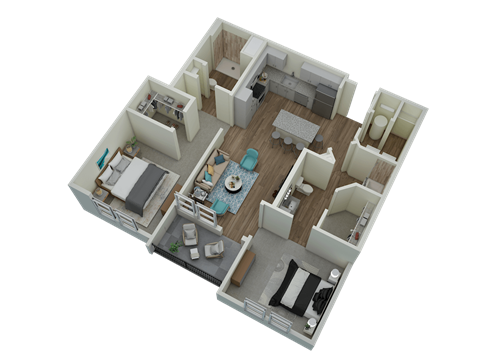 Unit B3 Balcony 2-bedroom, 2-bath 1,151 sqft 3D floor plan at Canopy Park Apartments, Pelham, AL
